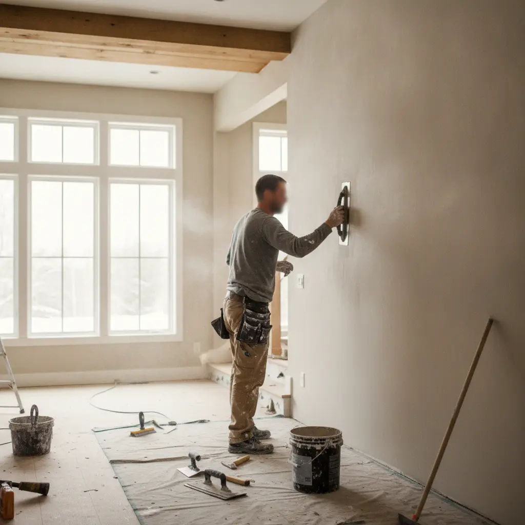 Papito Inc contractor smoothing a freshly finished interior wall in a renovated New England home